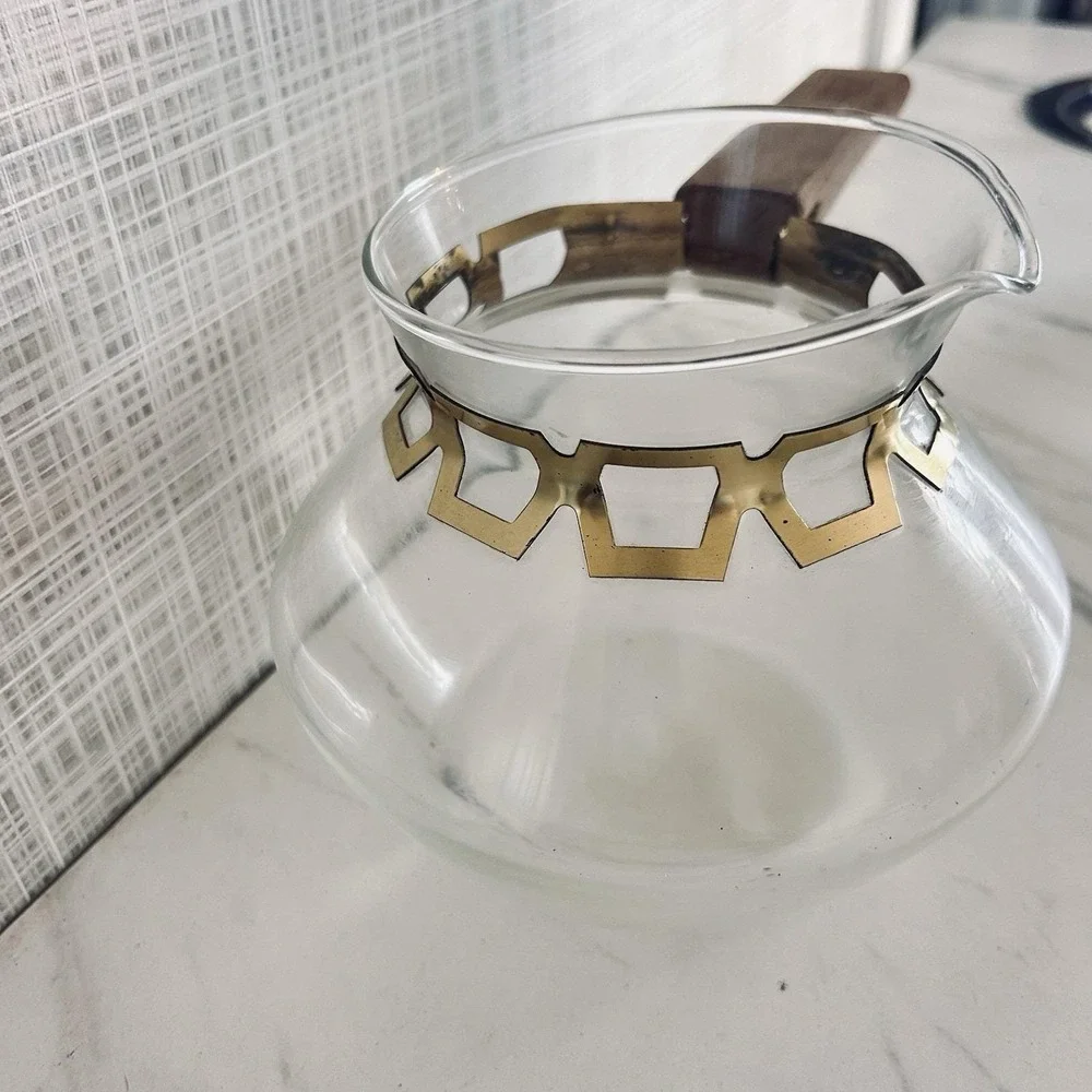 Vintage Inland MCM Clear Glass Coffee Carafe No Stopper Gold Metal Band‎ Barware